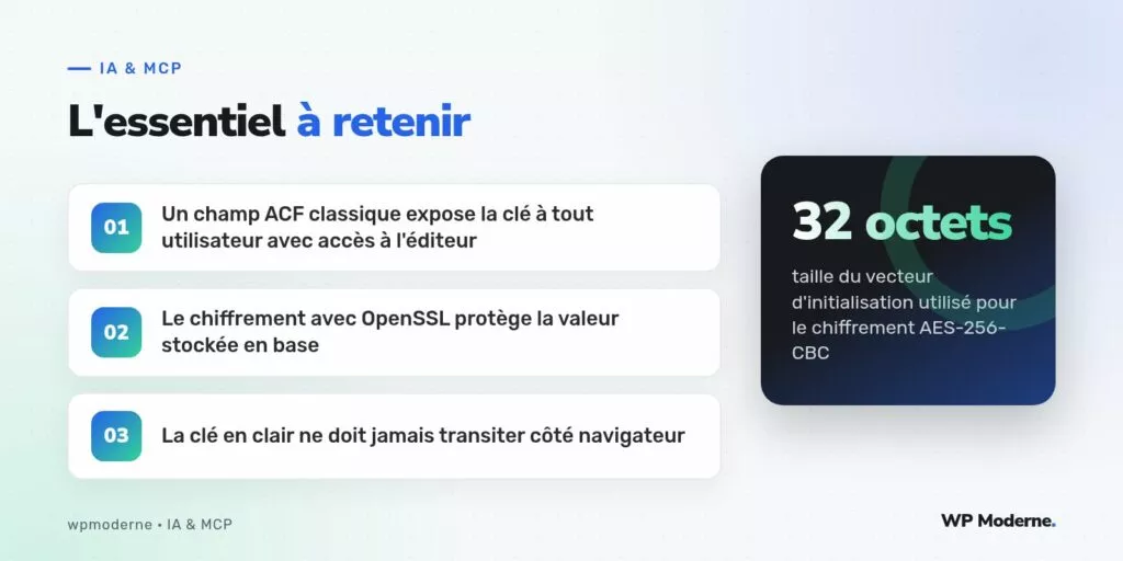 L'essentiel à retenir : Un champ ACF classique expose la clé à tout utilisateur avec accès à l'éditeur ; Le chiffrement avec OpenSSL protège la valeur stockée en base ; La clé en clair ne doit jamais transiter côté navigateur