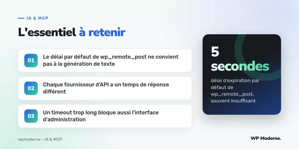 L'essentiel à retenir : Le délai par défaut de wp_remote_post ne convient pas à la génération de texte ; Chaque fournisseur d'API a un temps de réponse différent ; Un timeout trop long bloque aussi l'interface d'administration