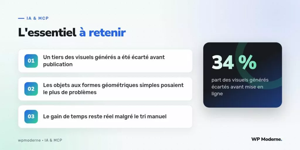 L'essentiel à retenir : Un tiers des visuels générés a été écarté avant publication ; Les objets aux formes géométriques simples posaient le plus de problèmes ; Le gain de temps reste réel malgré le tri manuel