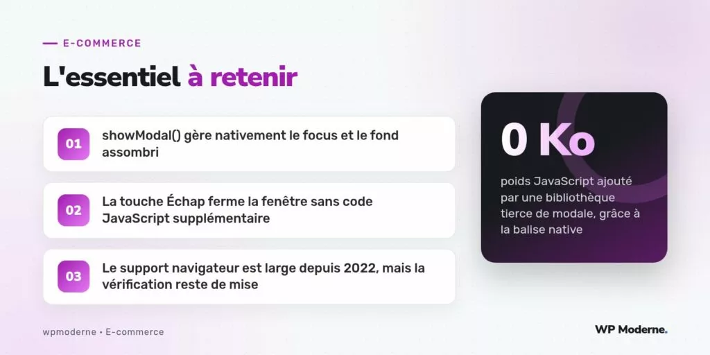 L'essentiel à retenir : showModal() gère nativement le focus et le fond assombri ; La touche Échap ferme la fenêtre sans code JavaScript supplémentaire ; Le support navigateur est large depuis 2022, mais la vérification reste de mise