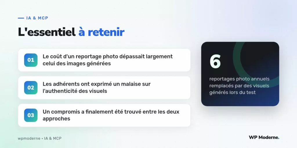 L'essentiel à retenir : Le coût d'un reportage photo dépassait largement celui des images générées ; Les adhérents ont exprimé un malaise sur l'authenticité des visuels ; Un compromis a finalement été trouvé entre les deux approches