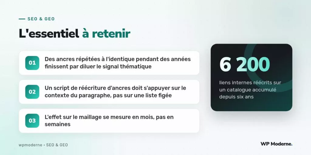 L'essentiel à retenir : Des ancres répétées à l'identique pendant des années finissent par diluer le signal thématique ; Un script de réécriture d'ancres doit s'appuyer sur le contexte du paragraphe, pas sur une liste figée ; L'effet sur le maillage se mesure en mois, pas en semaines