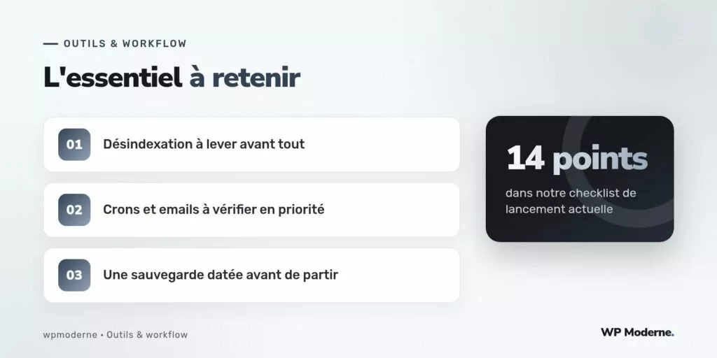 L'essentiel à retenir : Désindexation à lever avant tout ; Crons et emails à vérifier en priorité ; Une sauvegarde datée avant de partir