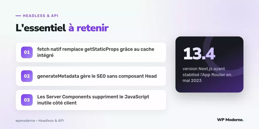 L'essentiel à retenir : fetch natif remplace getStaticProps grâce au cache intégré ; generateMetadata gère le SEO sans composant Head ; Les Server Components suppriment le JavaScript inutile côté client