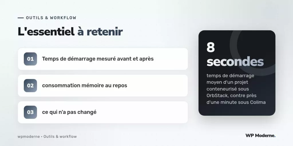 L'essentiel à retenir : Temps de démarrage mesuré avant et après ; consommation mémoire au repos ; ce qui n'a pas changé