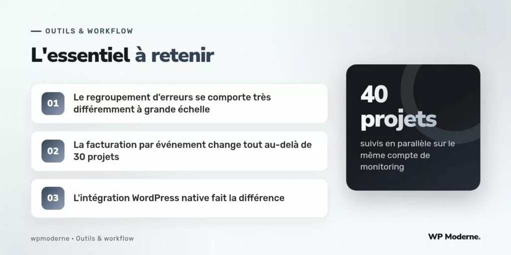 L'essentiel à retenir : Le regroupement d'erreurs se comporte très différemment à grande échelle ; La facturation par événement change tout au-delà de 30 projets ; L'intégration WordPress native fait la différence