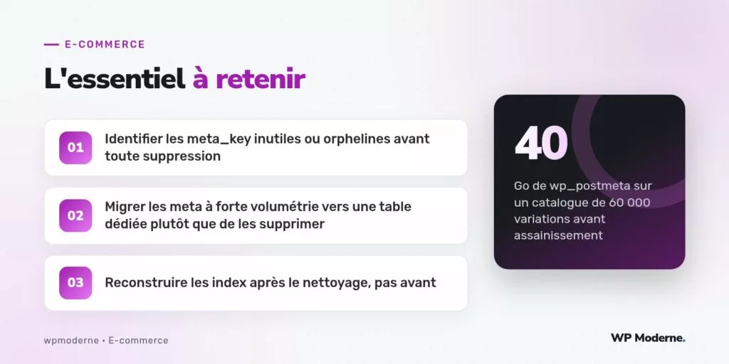 L'essentiel à retenir : Identifier les meta_key inutiles ou orphelines avant toute suppression ; Migrer les meta à forte volumétrie vers une table dédiée plutôt que de les supprimer ; Reconstruire les index après le nettoyage, pas avant