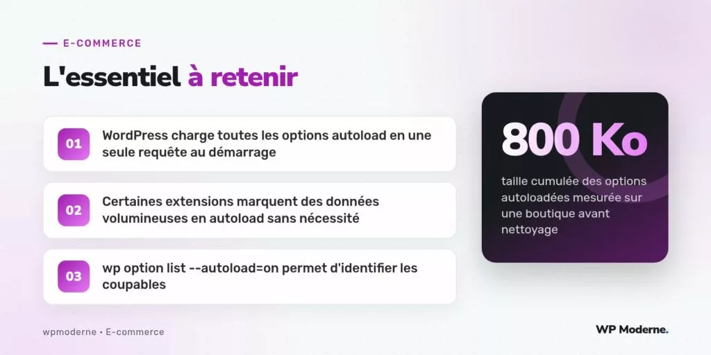 L'essentiel à retenir : WordPress charge toutes les options autoload en une seule requête au démarrage ; Certaines extensions marquent des données volumineuses en autoload sans nécessité ; wp option list --autoload=on permet d'identifier les coupables