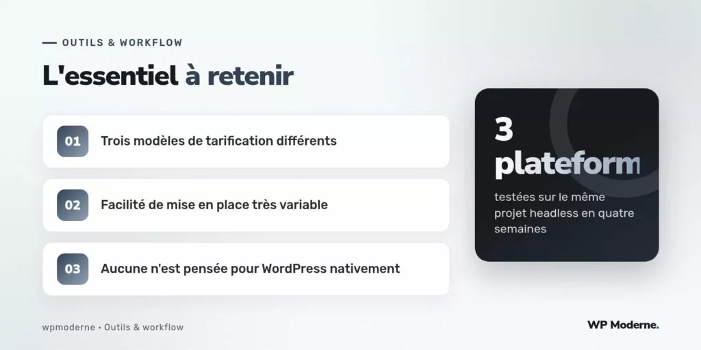 L'essentiel à retenir : Trois modèles de tarification différents ; Facilité de mise en place très variable ; Aucune n'est pensée pour WordPress nativement