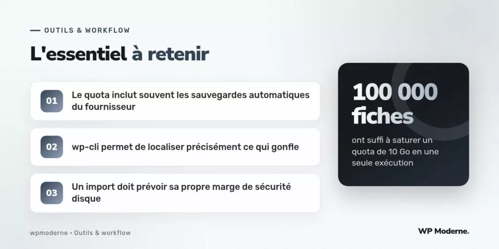 L'essentiel à retenir : Le quota inclut souvent les sauvegardes automatiques du fournisseur ; wp-cli permet de localiser précisément ce qui gonfle ; Un import doit prévoir sa propre marge de sécurité disque