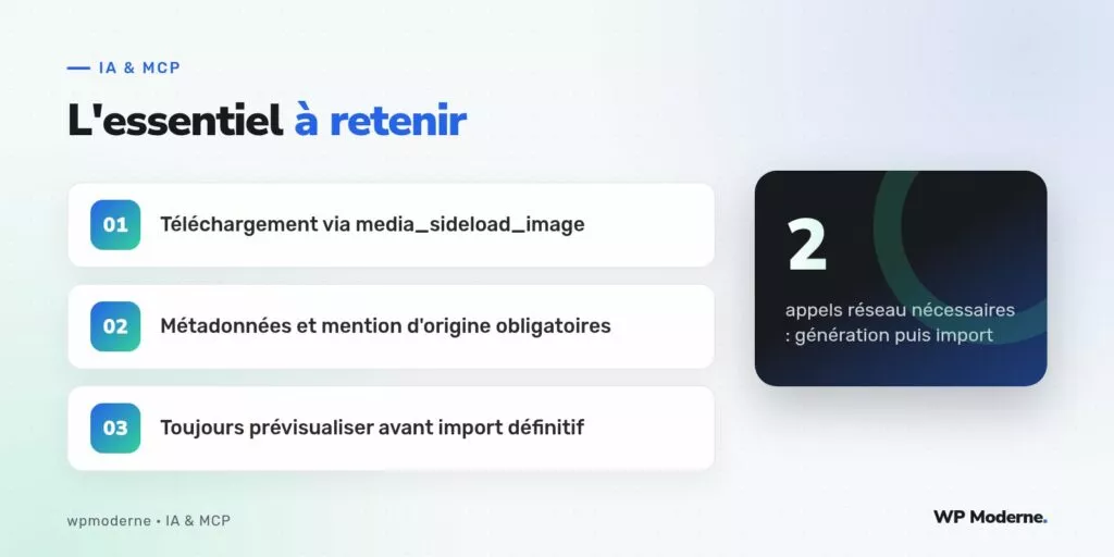 L'essentiel à retenir : Téléchargement via media_sideload_image ; Métadonnées et mention d'origine obligatoires ; Toujours prévisualiser avant import définitif
