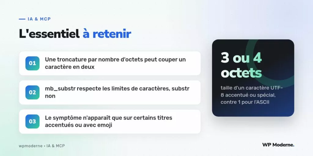 L'essentiel à retenir : Une troncature par nombre d'octets peut couper un caractère en deux ; mb_substr respecte les limites de caractères, substr non ; Le symptôme n'apparaît que sur certains titres accentués ou avec emoji