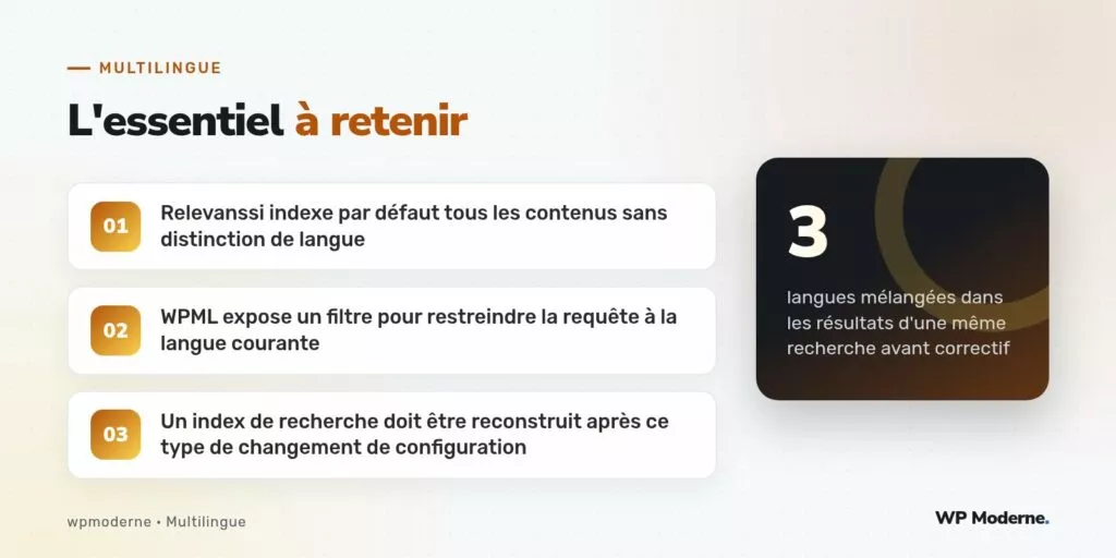 L'essentiel à retenir : Relevanssi indexe par défaut tous les contenus sans distinction de langue ; WPML expose un filtre pour restreindre la requête à la langue courante ; Un index de recherche doit être reconstruit après ce type de changement de configuration