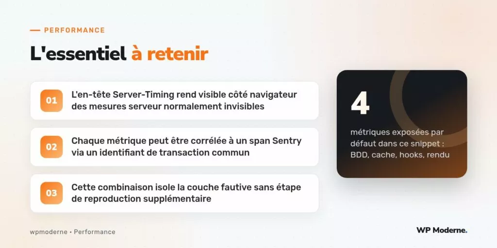 L'essentiel à retenir : L'en-tête Server-Timing rend visible côté navigateur des mesures serveur normalement invisibles ; Chaque métrique peut être corrélée à un span Sentry via un identifiant de transaction commun ; Cette combinaison isole la couche fautive sans étape de reproduction supplémentaire