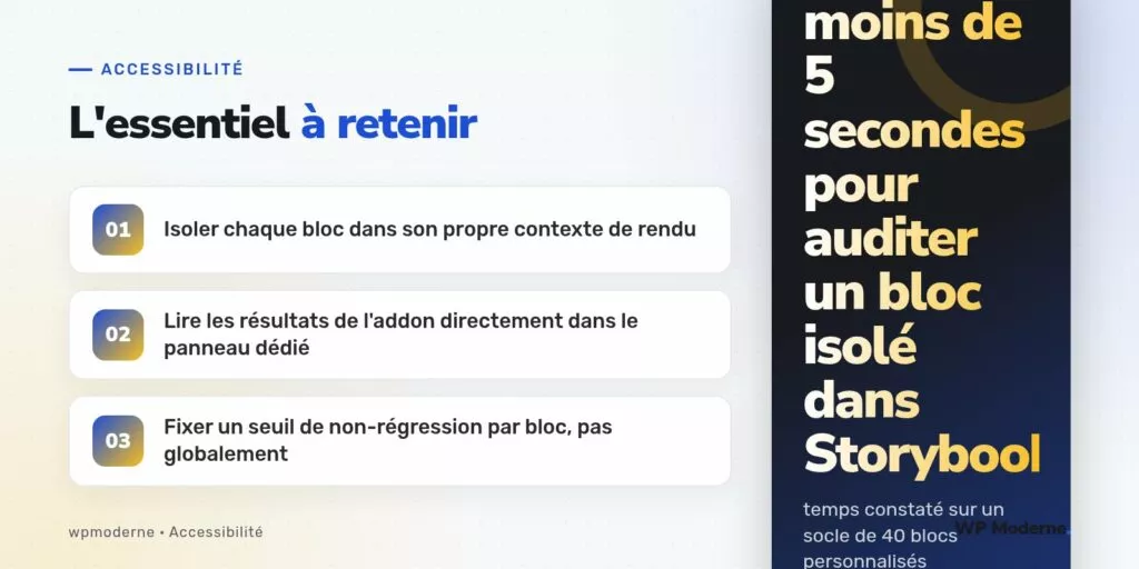 L'essentiel à retenir : Isoler chaque bloc dans son propre contexte de rendu ; Lire les résultats de l'addon directement dans le panneau dédié ; Fixer un seuil de non-régression par bloc, pas globalement