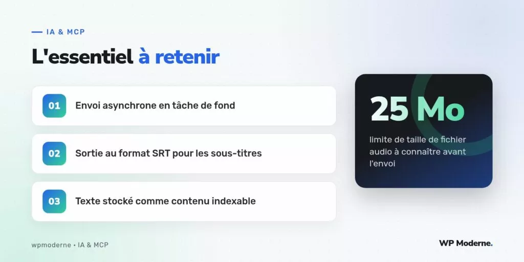 L'essentiel à retenir : Envoi asynchrone en tâche de fond ; Sortie au format SRT pour les sous-titres ; Texte stocké comme contenu indexable