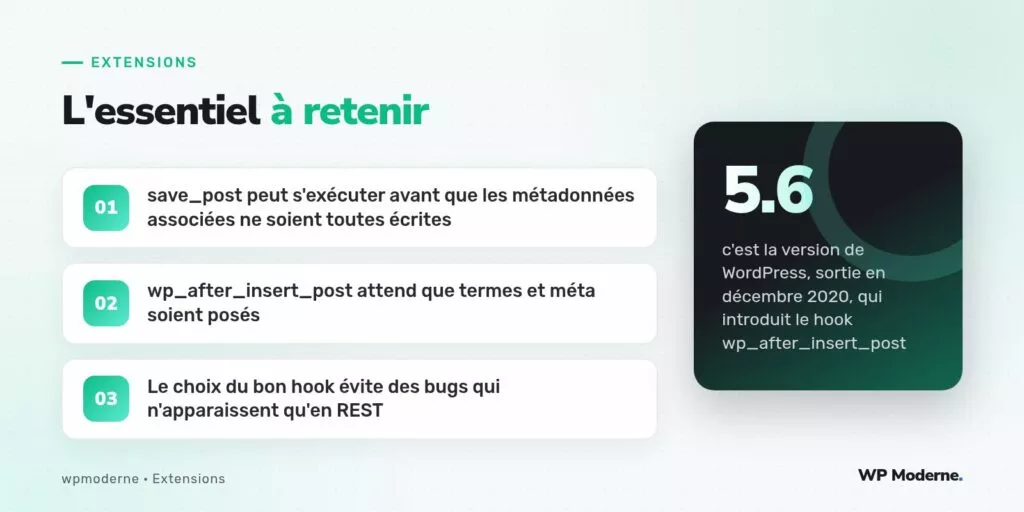 L'essentiel à retenir : save_post peut s'exécuter avant que les métadonnées associées ne soient toutes écrites ; wp_after_insert_post attend que termes et méta soient posés ; Le choix du bon hook évite des bugs qui n'apparaissent qu'en REST