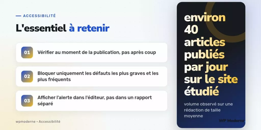 L'essentiel à retenir : Vérifier au moment de la publication, pas après coup ; Bloquer uniquement les défauts les plus graves et les plus fréquents ; Afficher l'alerte dans l'éditeur, pas dans un rapport séparé