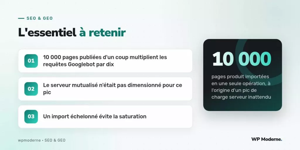 L'essentiel à retenir : 10 000 pages publiées d'un coup multiplient les requêtes Googlebot par dix ; Le serveur mutualisé n'était pas dimensionné pour ce pic ; Un import échelonné évite la saturation