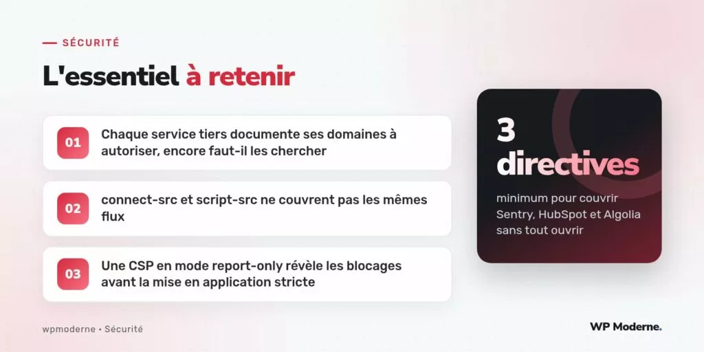 L'essentiel à retenir : Chaque service tiers documente ses domaines à autoriser, encore faut-il les chercher ; connect-src et script-src ne couvrent pas les mêmes flux ; Une CSP en mode report-only révèle les blocages avant la mise en application stricte