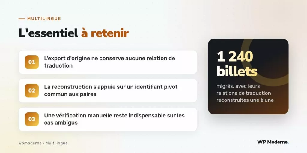 L'essentiel à retenir : L'export d'origine ne conserve aucune relation de traduction ; La reconstruction s'appuie sur un identifiant pivot commun aux paires ; Une vérification manuelle reste indispensable sur les cas ambigus