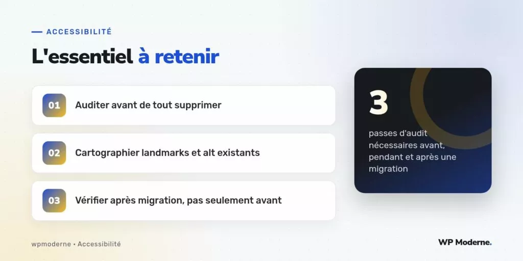 L'essentiel à retenir : Auditer avant de tout supprimer ; Cartographier landmarks et alt existants ; Vérifier après migration, pas seulement avant