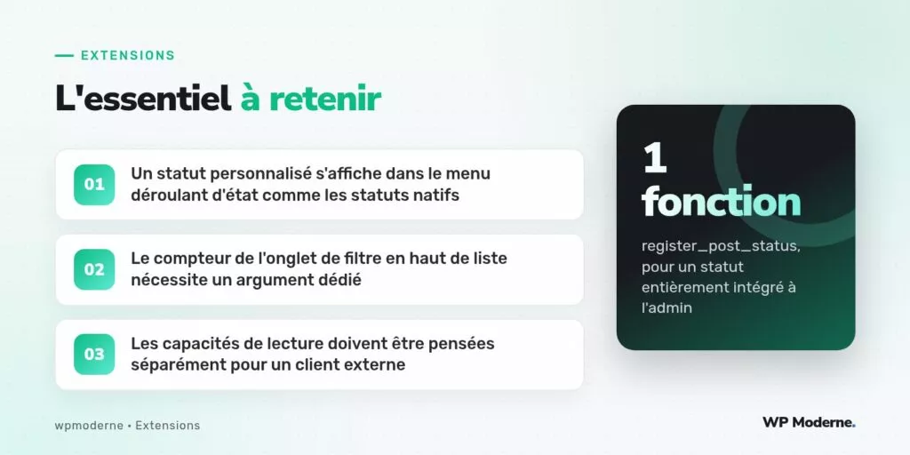 L'essentiel à retenir : Un statut personnalisé s'affiche dans le menu déroulant d'état comme les statuts natifs ; Le compteur de l'onglet de filtre en haut de liste nécessite un argument dédié ; Les capacités de lecture doivent être pensées séparément pour un client externe