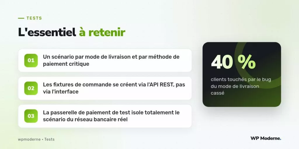 L'essentiel à retenir : Un scénario par mode de livraison et par méthode de paiement critique ; Les fixtures de commande se créent via l'API REST, pas via l'interface ; La passerelle de paiement de test isole totalement le scénario du réseau bancaire réel