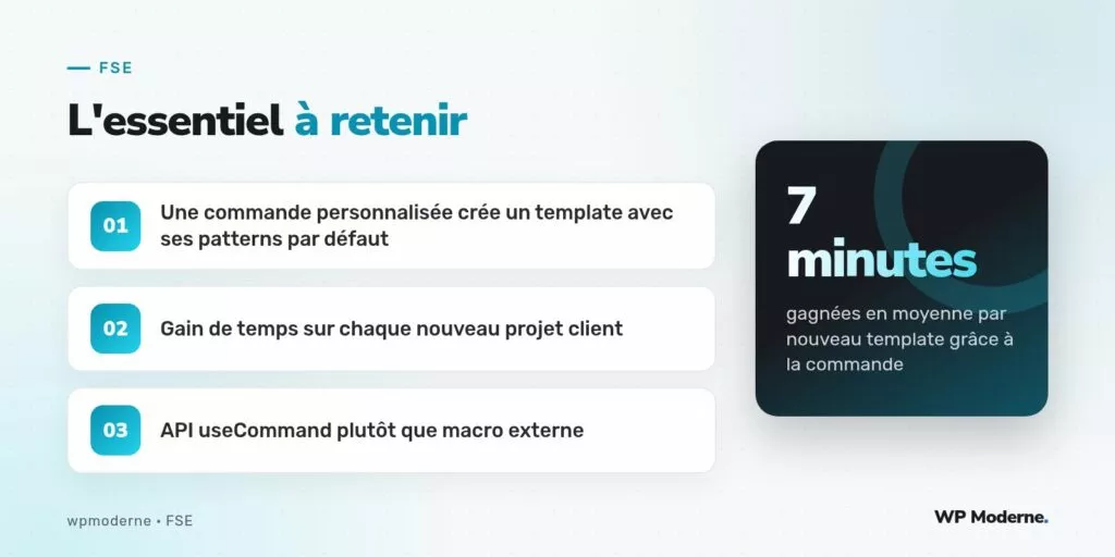 L'essentiel à retenir : Une commande personnalisée crée un template avec ses patterns par défaut ; Gain de temps sur chaque nouveau projet client ; API useCommand plutôt que macro externe