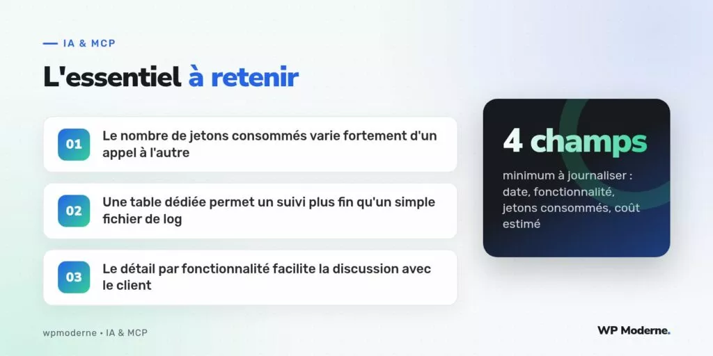 L'essentiel à retenir : Le nombre de jetons consommés varie fortement d'un appel à l'autre ; Une table dédiée permet un suivi plus fin qu'un simple fichier de log ; Le détail par fonctionnalité facilite la discussion avec le client