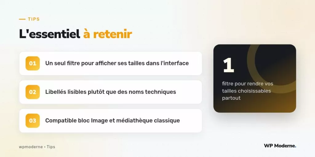 L'essentiel à retenir : Un seul filtre pour afficher ses tailles dans l'interface ; Libellés lisibles plutôt que des noms techniques ; Compatible bloc Image et médiathèque classique