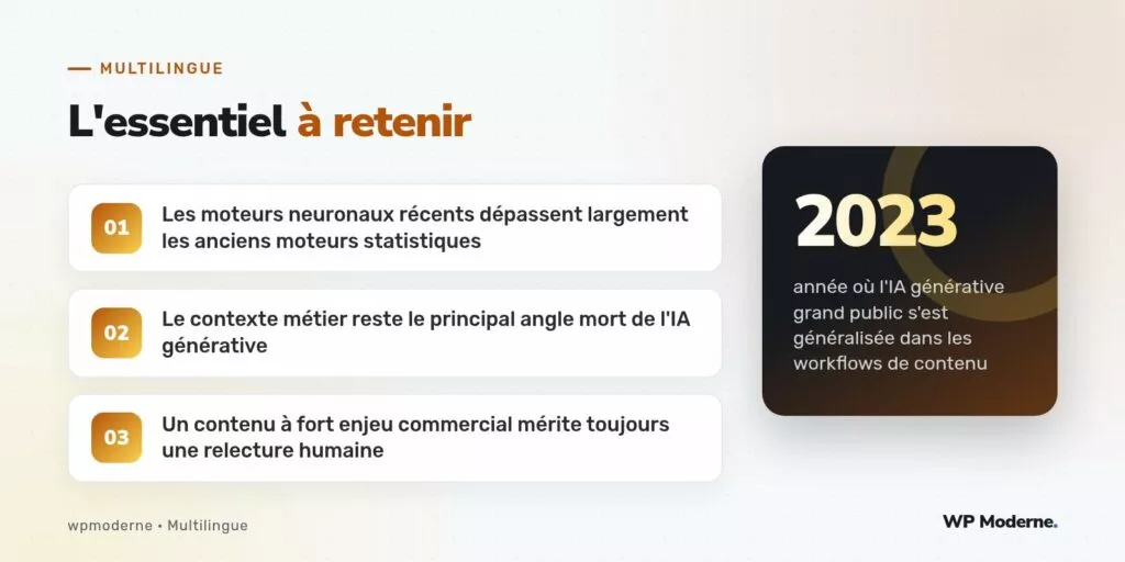 L'essentiel à retenir : Les moteurs neuronaux récents dépassent largement les anciens moteurs statistiques ; Le contexte métier reste le principal angle mort de l'IA générative ; Un contenu à fort enjeu commercial mérite toujours une relecture humaine