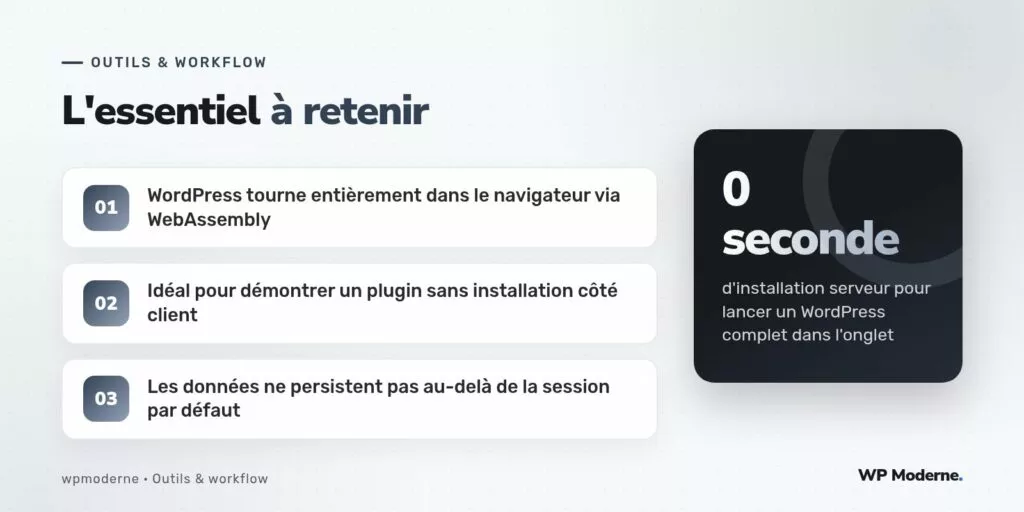 L'essentiel à retenir : WordPress tourne entièrement dans le navigateur via WebAssembly ; Idéal pour démontrer un plugin sans installation côté client ; Les données ne persistent pas au-delà de la session par défaut