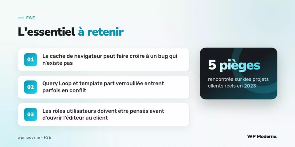 L'essentiel à retenir : Le cache de navigateur peut faire croire à un bug qui n'existe pas ; Query Loop et template part verrouillée entrent parfois en conflit ; Les rôles utilisateurs doivent être pensés avant d'ouvrir l'éditeur au client