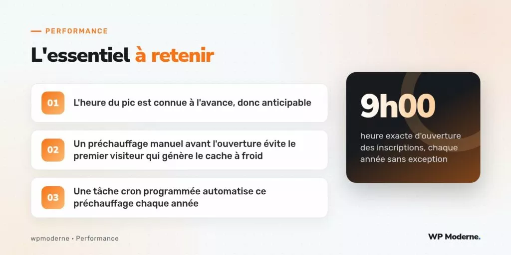 L'essentiel à retenir : L'heure du pic est connue à l'avance, donc anticipable ; Un préchauffage manuel avant l'ouverture évite le premier visiteur qui génère le cache à froid ; Une tâche cron programmée automatise ce préchauffage chaque année