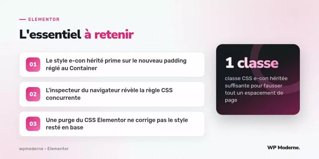 L'essentiel à retenir : Le style e-con hérité prime sur le nouveau padding réglé au Container ; L'inspecteur du navigateur révèle la règle CSS concurrente ; Une purge du CSS Elementor ne corrige pas le style resté en base