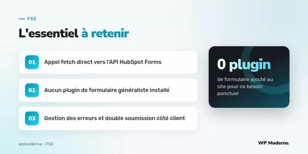 L'essentiel à retenir : Appel fetch direct vers l'API HubSpot Forms ; Aucun plugin de formulaire généraliste installé ; Gestion des erreurs et double soumission côté client