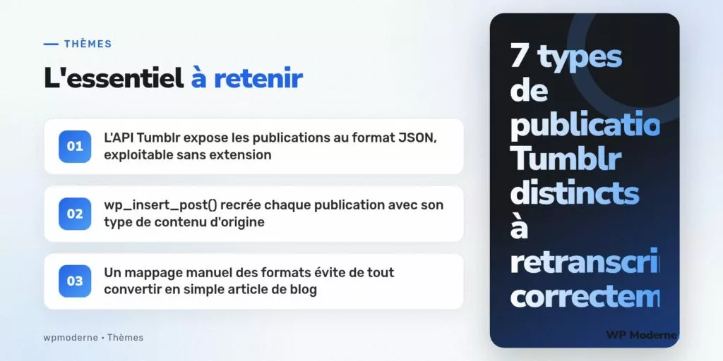 L'essentiel à retenir : L'API Tumblr expose les publications au format JSON, exploitable sans extension ; wp_insert_post() recrée chaque publication avec son type de contenu d'origine ; Un mappage manuel des formats évite de tout convertir en simple article de blog