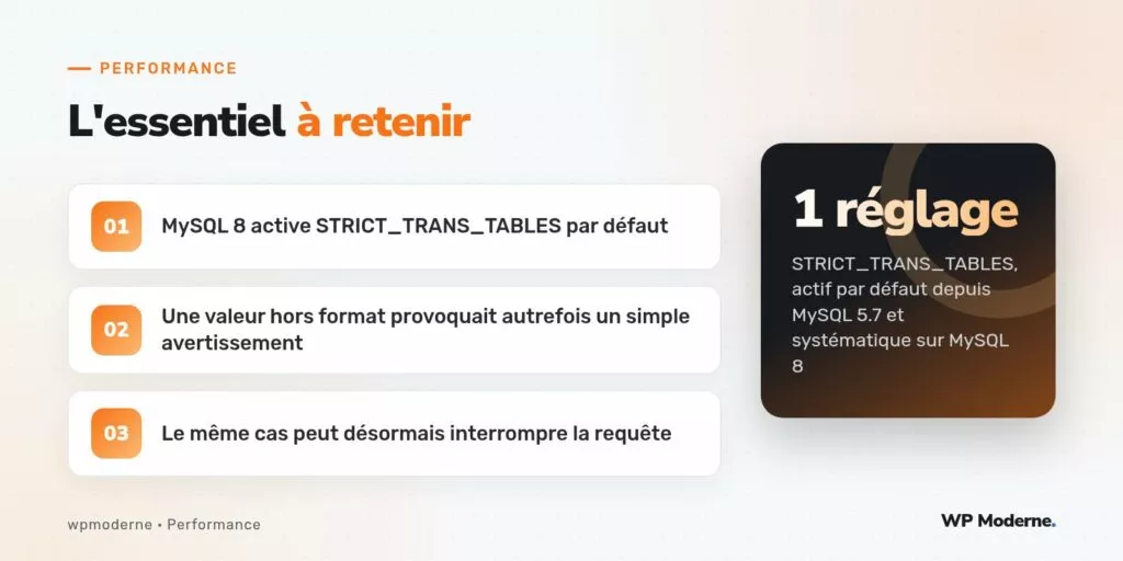 L'essentiel à retenir : MySQL 8 active STRICT_TRANS_TABLES par défaut ; Une valeur hors format provoquait autrefois un simple avertissement ; Le même cas peut désormais interrompre la requête