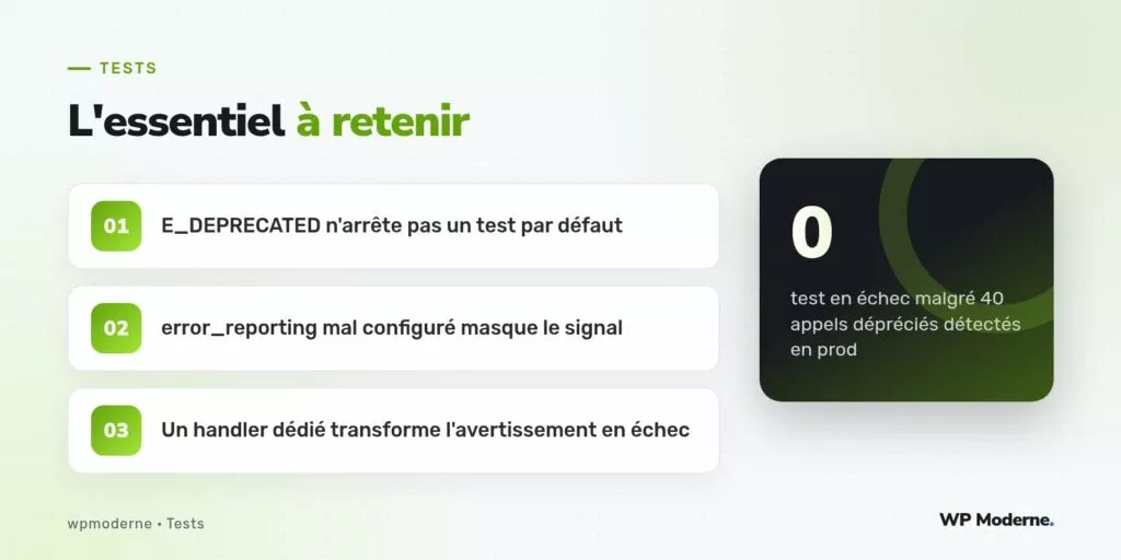 L'essentiel à retenir : E_DEPRECATED n'arrête pas un test par défaut ; error_reporting mal configuré masque le signal ; Un handler dédié transforme l'avertissement en échec