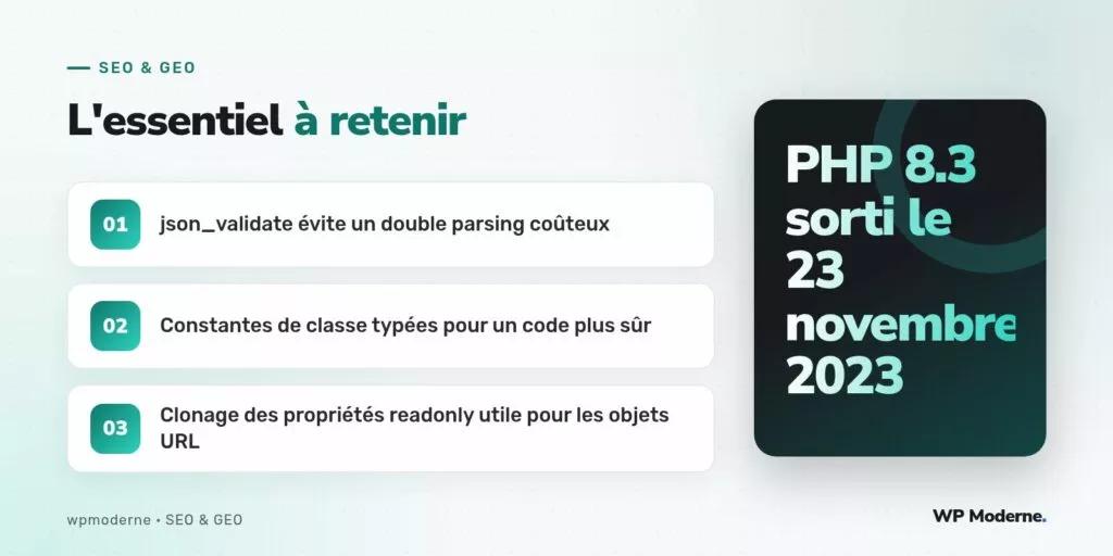 L'essentiel à retenir : json_validate évite un double parsing coûteux ; Constantes de classe typées pour un code plus sûr ; Clonage des propriétés readonly utile pour les objets URL