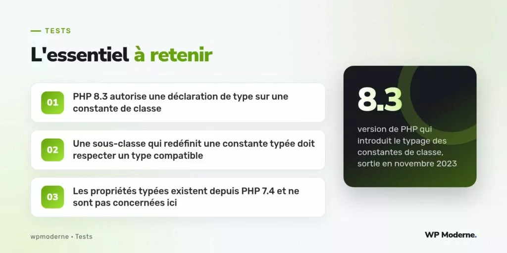 L'essentiel à retenir : PHP 8.3 autorise une déclaration de type sur une constante de classe ; Une sous-classe qui redéfinit une constante typée doit respecter un type compatible ; Les propriétés typées existent depuis PHP 7.4 et ne sont pas concernées ici