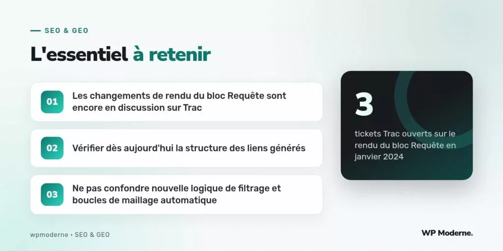 L'essentiel à retenir : Les changements de rendu du bloc Requête sont encore en discussion sur Trac ; Vérifier dès aujourd'hui la structure des liens générés ; Ne pas confondre nouvelle logique de filtrage et boucles de maillage automatique