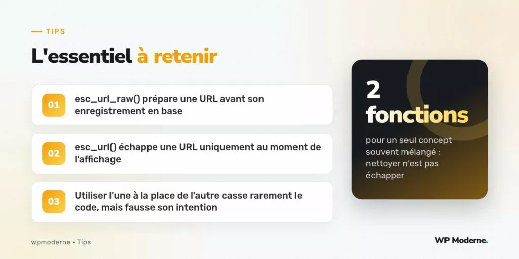 L'essentiel à retenir : esc_url_raw() prépare une URL avant son enregistrement en base ; esc_url() échappe une URL uniquement au moment de l'affichage ; Utiliser l'une à la place de l'autre casse rarement le code, mais fausse son intention