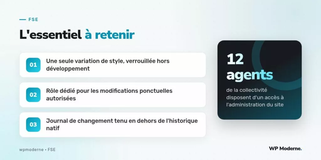 L'essentiel à retenir : Une seule variation de style, verrouillée hors développement ; Rôle dédié pour les modifications ponctuelles autorisées ; Journal de changement tenu en dehors de l'historique natif
