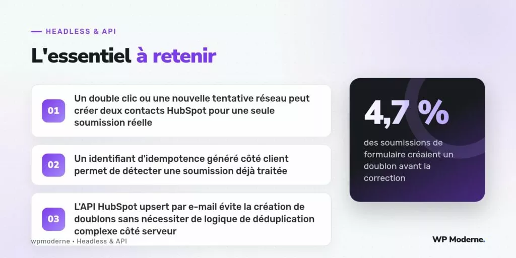 L'essentiel à retenir : Un double clic ou une nouvelle tentative réseau peut créer deux contacts HubSpot pour une seule soumission réelle ; Un identifiant d'idempotence généré côté client permet de détecter une soumission déjà traitée ; L'API HubSpot upsert par e-mail évite la création de doublons sans nécessiter de logique de déduplication complexe côté serveur