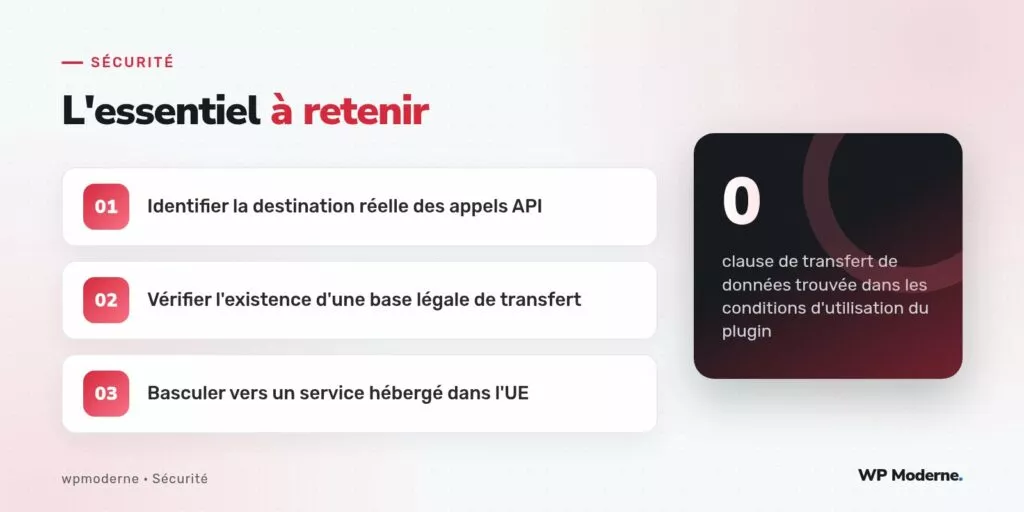 L'essentiel à retenir : Identifier la destination réelle des appels API ; Vérifier l'existence d'une base légale de transfert ; Basculer vers un service hébergé dans l'UE