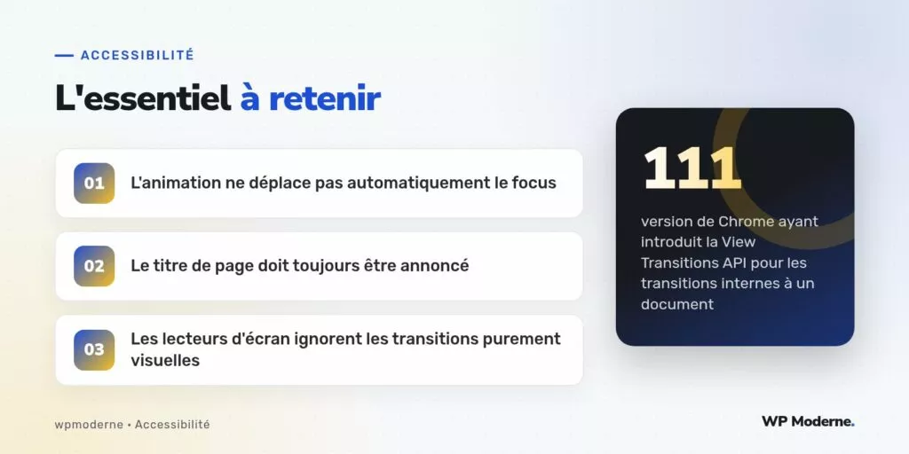 L'essentiel à retenir : L'animation ne déplace pas automatiquement le focus ; Le titre de page doit toujours être annoncé ; Les lecteurs d'écran ignorent les transitions purement visuelles