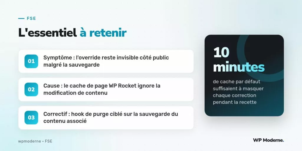 L'essentiel à retenir : Symptôme : l'override reste invisible côté public malgré la sauvegarde ; Cause : le cache de page WP Rocket ignore la modification de contenu ; Correctif : hook de purge ciblé sur la sauvegarde du contenu associé