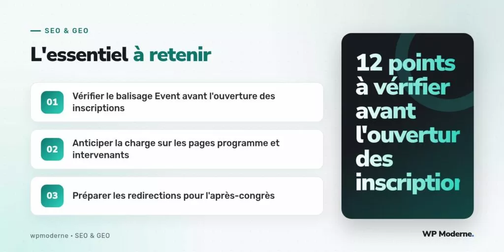 L'essentiel à retenir : Vérifier le balisage Event avant l'ouverture des inscriptions ; Anticiper la charge sur les pages programme et intervenants ; Préparer les redirections pour l'après-congrès